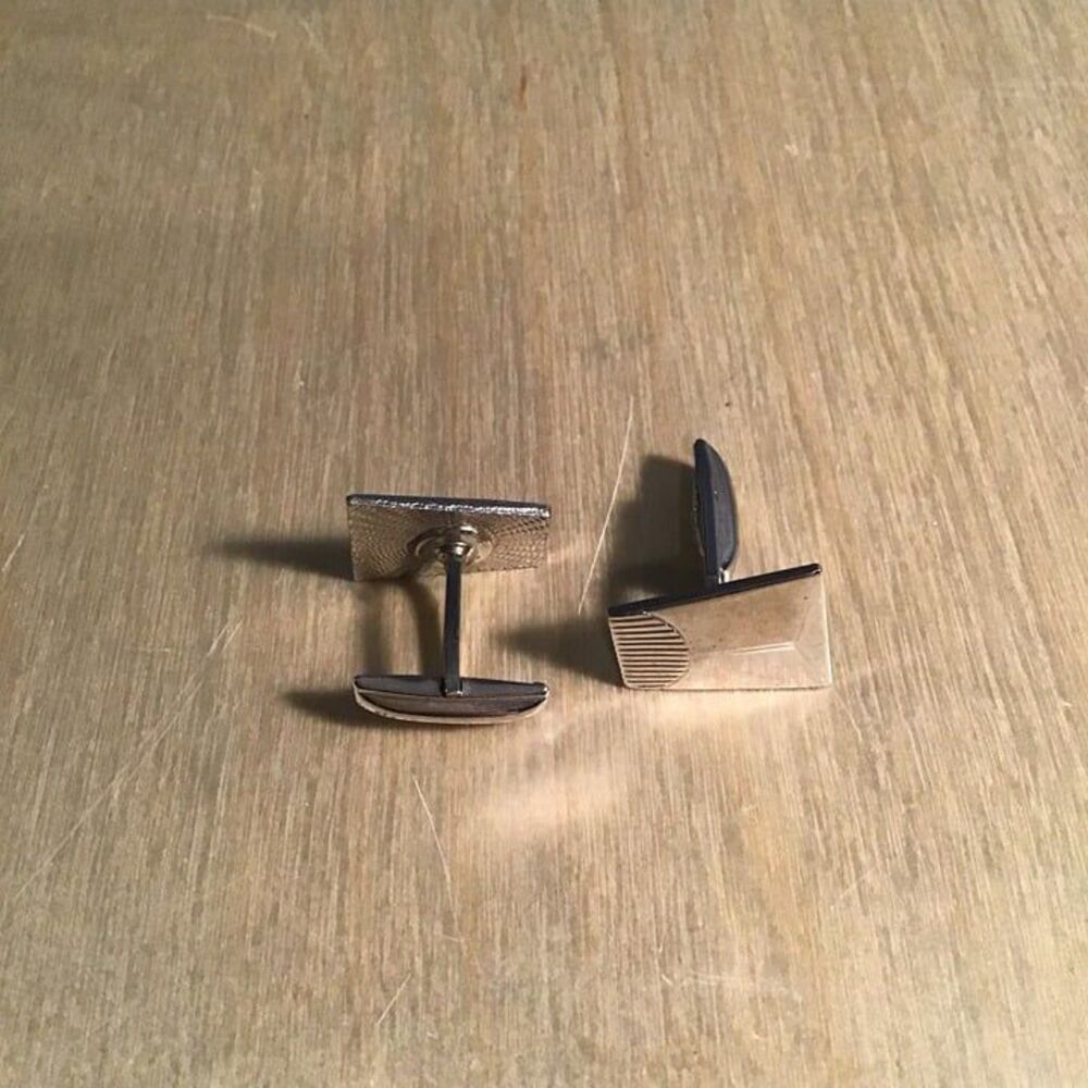 Vintage Mid-Century Silver Tone Geometric Cufflinks - Etched Sunburst Design